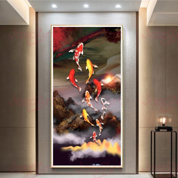 LUKISAN FENGSHUI IMLEK FENGSHUI PAINTING LED 9 KOI IN LOTUS POND