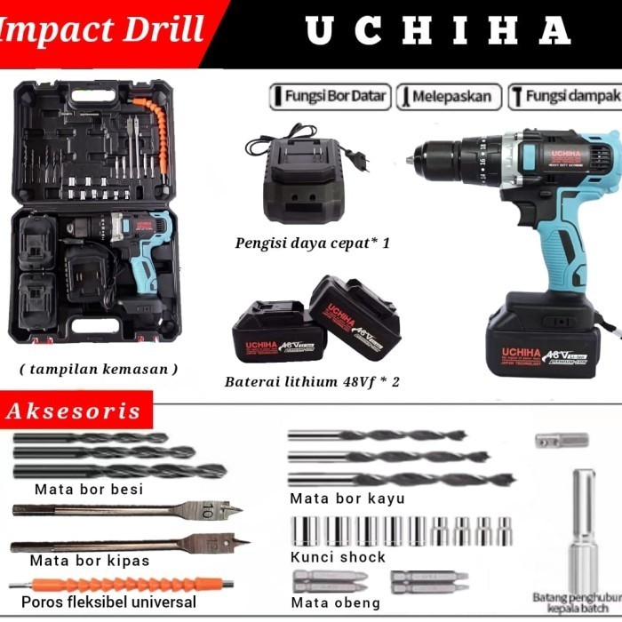 Uchiha32v mesin bor baterai impact cordless drill beton tembok besi or