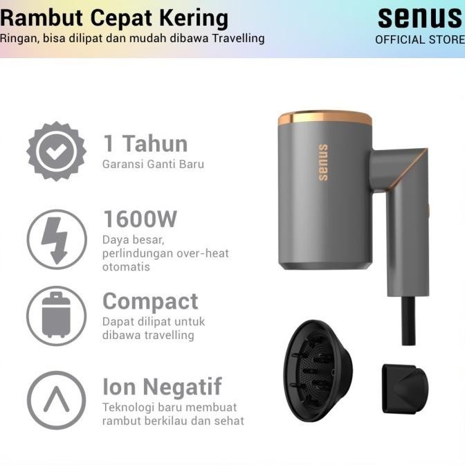 Senus Pro Travel Hair Dryer - Pengering Rambut Lipat 1600 W