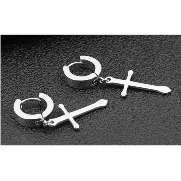 ANTING SALIB PANJANG SILVER PRIA WANITA CROSS EARRINGS TITANIUM STEEL