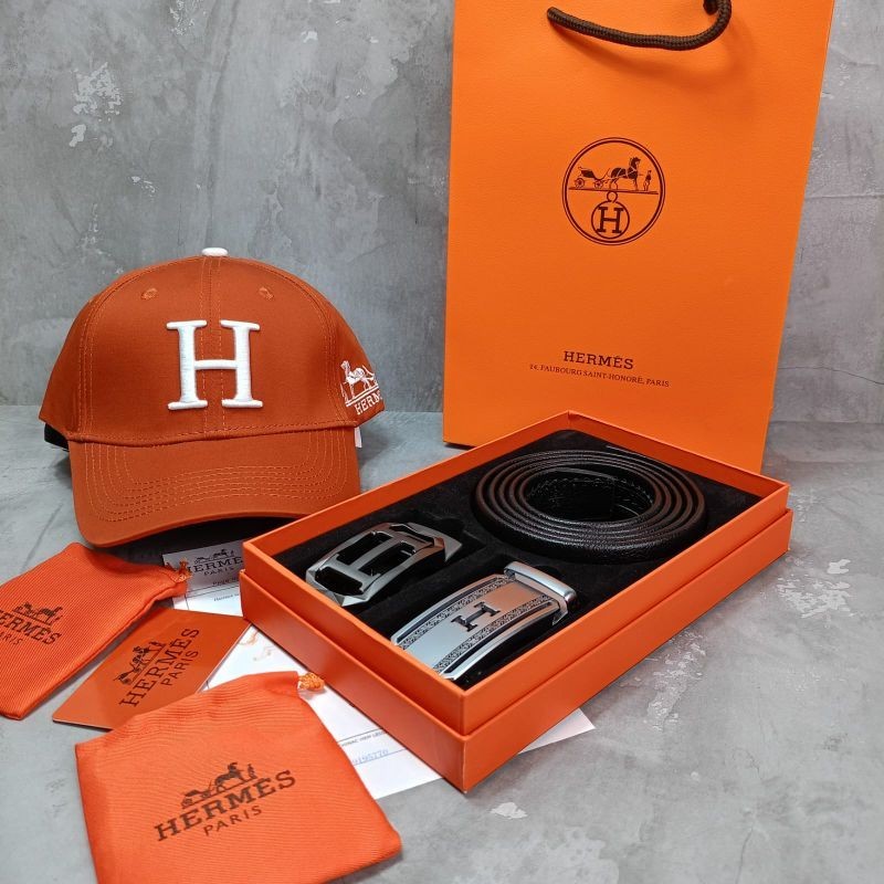 paket bundling topi baseball kanvas dan ikat pinggang set logo H fashion