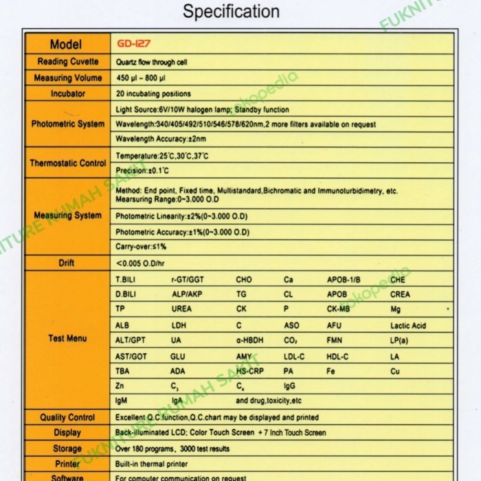 Photometer Kimia Darah Alat Fotometer Glory 127 Touch Screen Murah