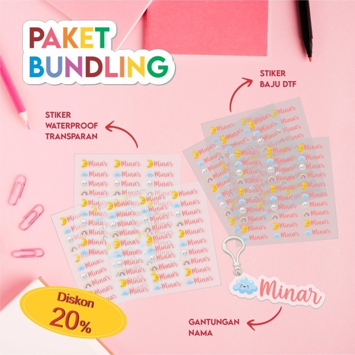 

/////] PAKET BUNDLING Stiker Nama Transparan Stiker Baju DTF Gantungan Nama