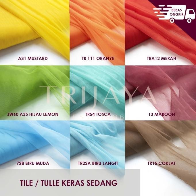 

Trijaya Kain Tile Keras/Kaku/Kasar Tulle Hard Mesh Polos Warna (Papan)