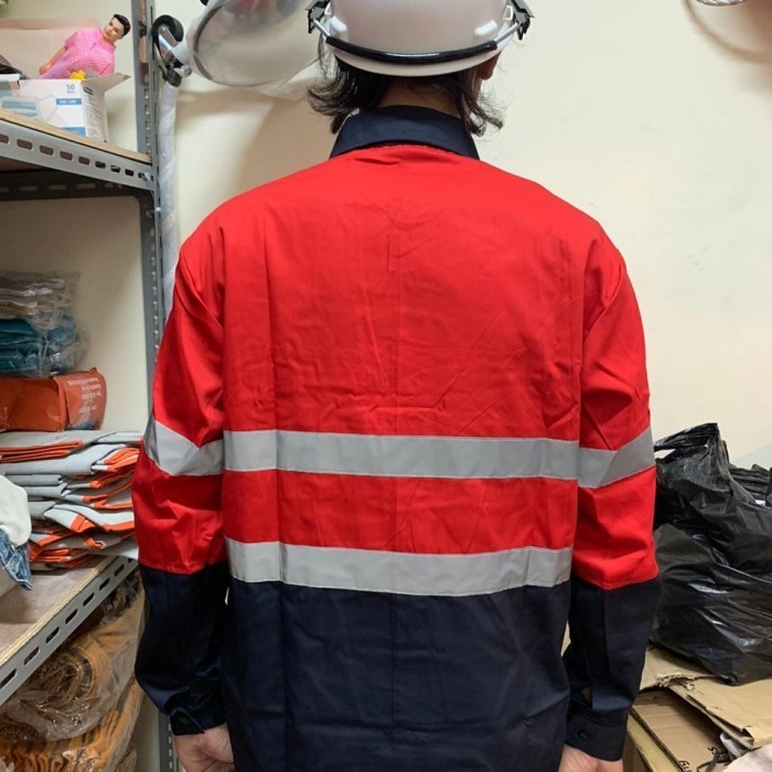 SERAGAM KERJA SAFETY ATASAN LENGAN PANJANG KOMBINASI MERAH DONGKER
