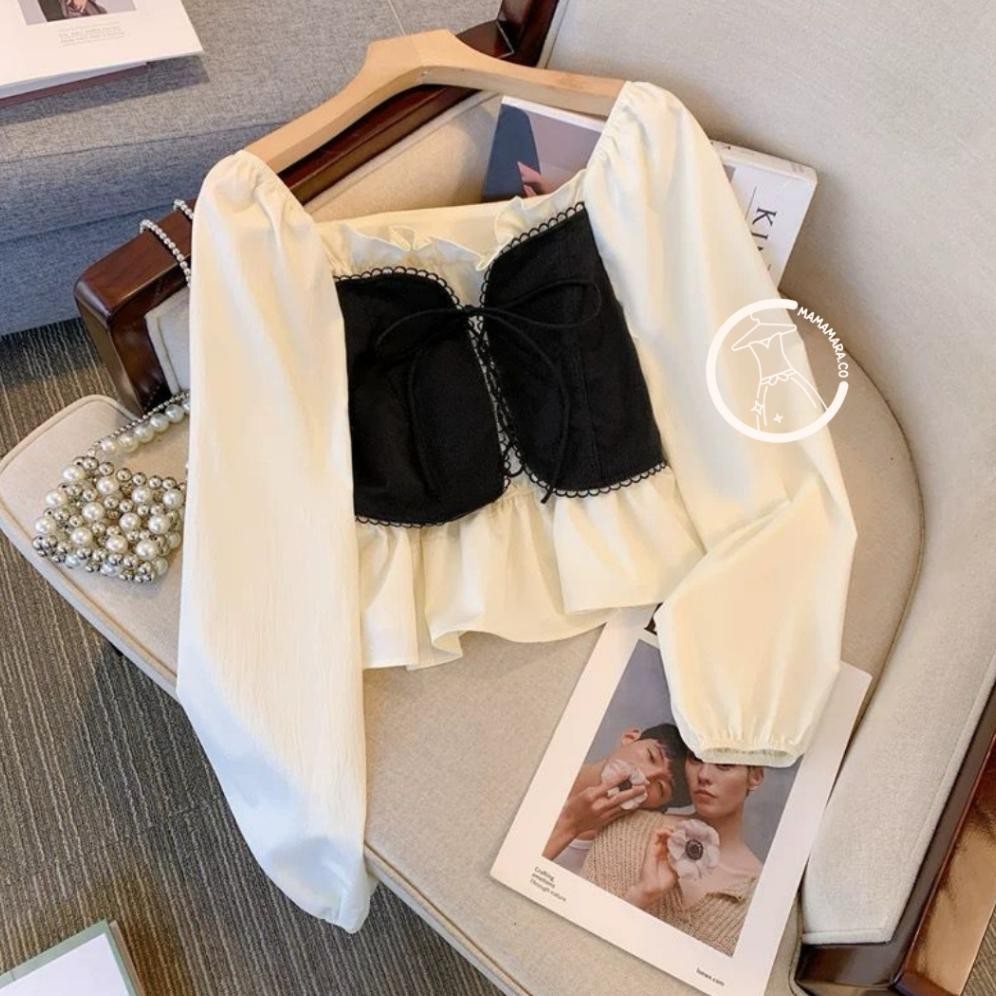 MAMAMARA - Kemeja Wanita Vintage Retro Polos Slim-Fitting Korean Hitam Crop Katun Casual