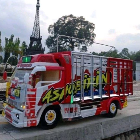 Miniatur truk oleng kayu asli jumbo besar 42 cm full lampu leed permata agung