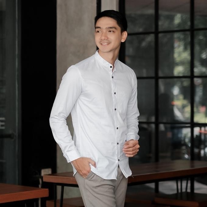 Kemeja Polos Kerah Shanghai Baju Koko Pria Busana Muslim Modern HITAM