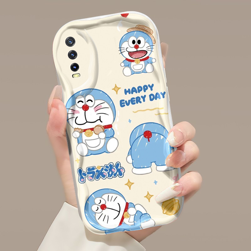Casing Ponsel untuk VIVO Y20 Y20i Y20s Y12s Y20 2021 Y11s Y12A Y20T Y20S M Y20S D Case sarung HP kartun Happy pola Doraemon casing tekstur lembut pembungkus penuh softcase pelindung telepon genggam silikon kesing