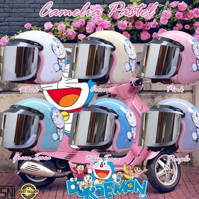 Helm Bogo Camelia Pastel Doraemon Dewasa Kaca Datar Silver Jinanstyle