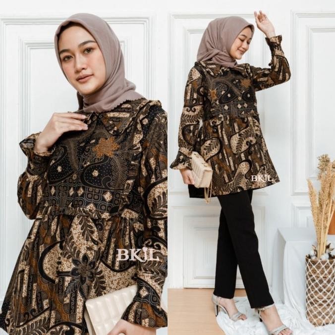 Model Baru baju batik wanita lengan panjang kerja kantor modern - hem alam abu, M ,,