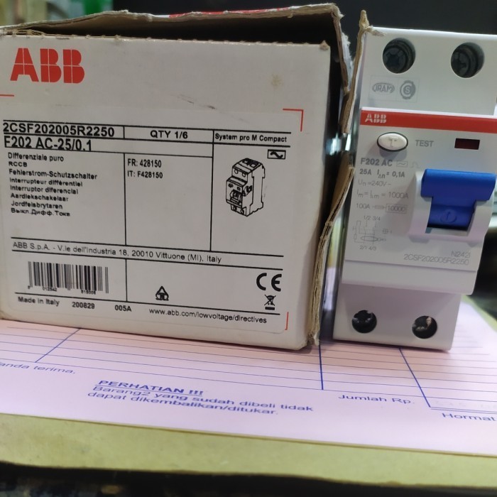 ELCB/ RCCB F202AC-25/0.1 25A 2Phase 100MA merk ABB