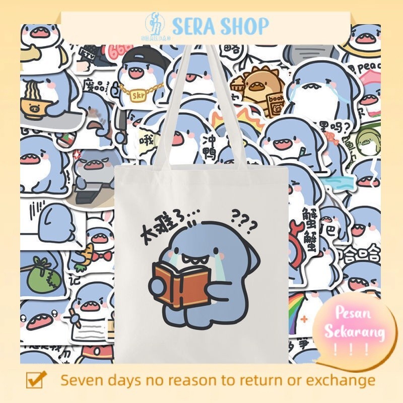 

♟✈♣Sera tas kanvas ekspresi hiu kecil yang lucu tas belanja tas siswa hiu gemuk gemuk yang lucu tas jinjing kapasitas besar