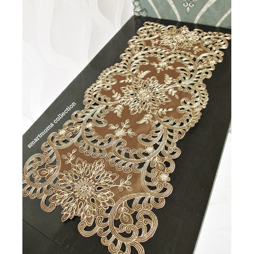 TAPLAK MEJA TAMU BORDIR KERANCANG IMPORT / TAPLAK BORDIR MEWAH COKLAT