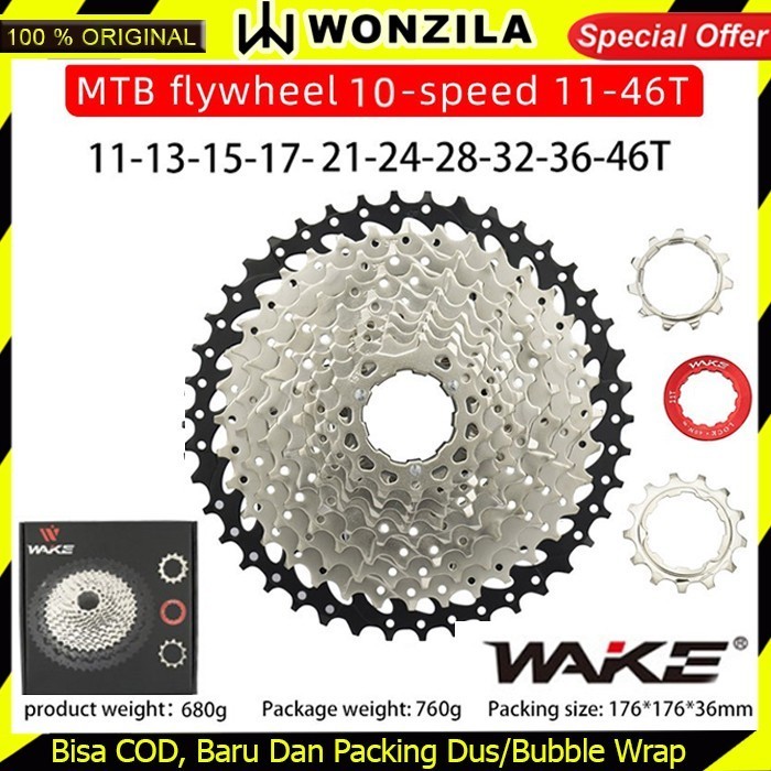 WAKE SPROCKET 10 SPEED 11 - 46T SILVER GEAR CASSETTE SEPEDA MTB