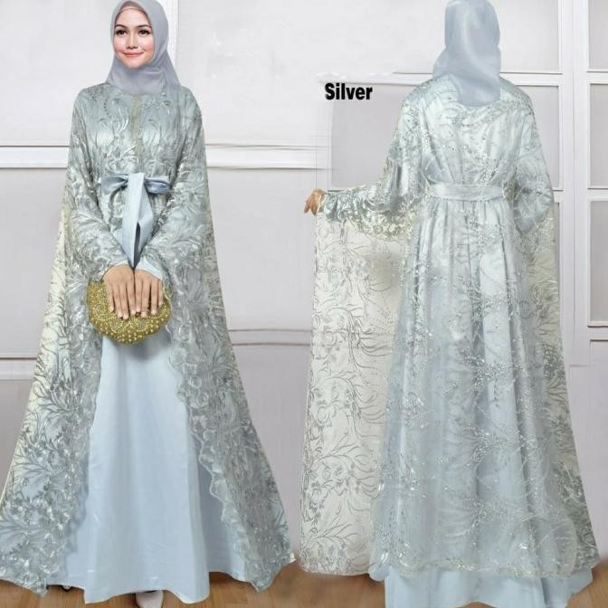 Arelina Silver Gamis Pesta Premium Satin Brokat Tile Ami Ktf