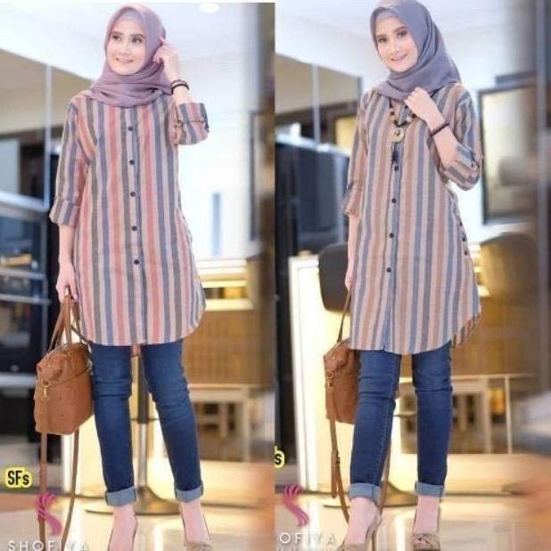Pjs12 - Tunik Salur Lengan Panjang Stripe Tunik Atasan Wanita Ailen