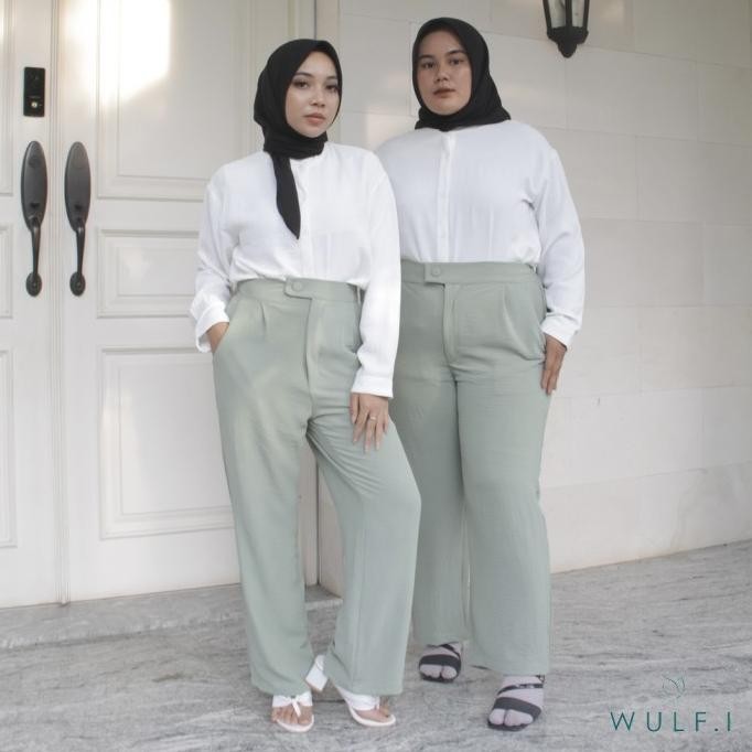 Wulfi Celana Crinkle Pants Sage Green / Celana Highwaist Hijau Sage