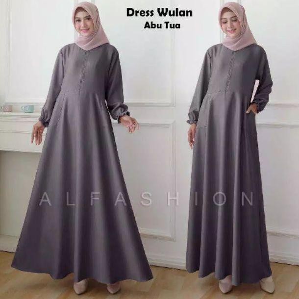Gamis Dress Wanita Muslim Polos Wulan Jumbo Busui Warna Abu Tua