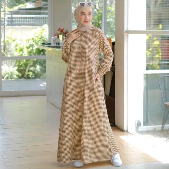 Gamis Casual Motif Kotak Bahan Katun Haruka Full Kancing - Emma Dress