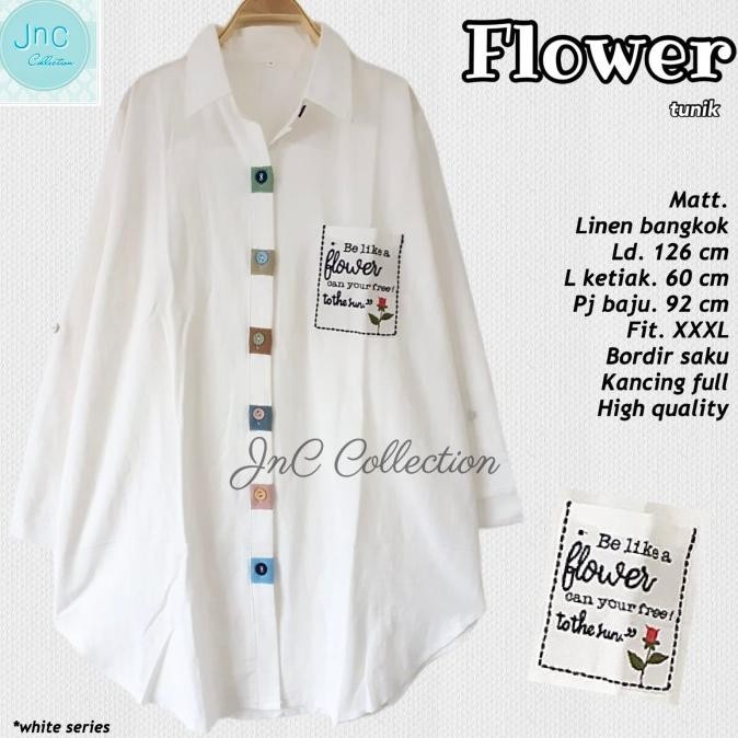 Tunik Jumbo Putih Linen Bangkok Ld 126 - Flower Tunik