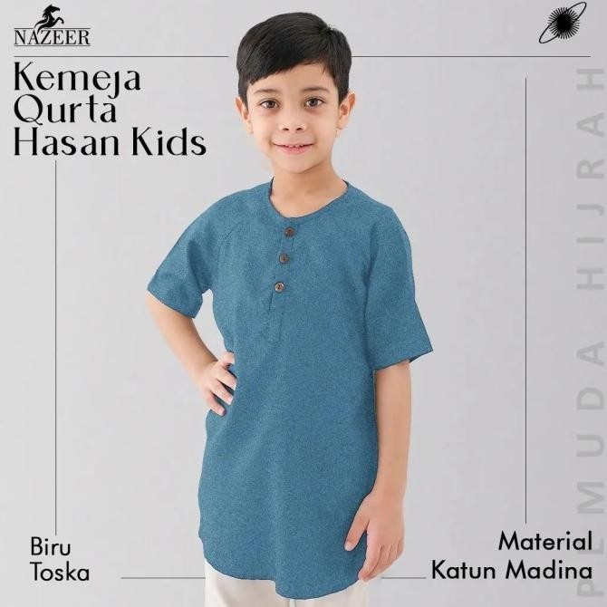 Baju Koko Anak Lengan Pendek Kemko Hasan Kids Biru Tosca Free Peci