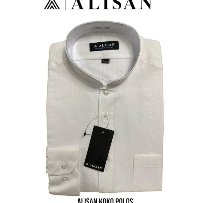Promo  Kemeja Alisan Lengan Panjang Koko Polos Putih Reguler Fit Lebaran 2024