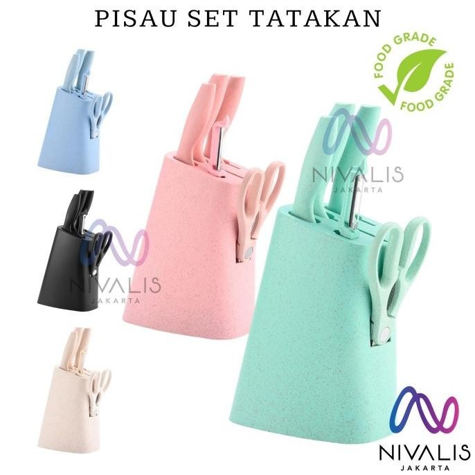 P01 Pisau Dapur Set Tatakan Pisau Pengupas Gunting Tatakan