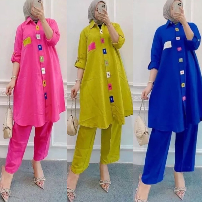Setelan One Set Wanita Terbaru 2024 Set Tunik 3In1 Stelan Lebaran Onset 1Set Celana Satuset Atasan B