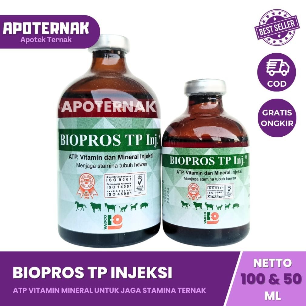 Free Ongkir BIOPROS TP INJ 50ml &amp;100ml - ATP Vitamin Mineral Penguat Otot Jaga Stamina Tubuh Sapi Kuda Kambing Kucing | Like Biosan Rheinbio Biodin | VADCO | Apoternak ||