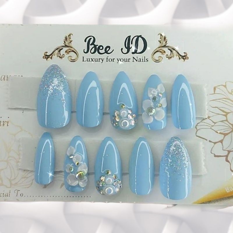 Nail art wedding 3D baby blue colour sky blue warna kuku palsu fake nails press on nail warna biru m