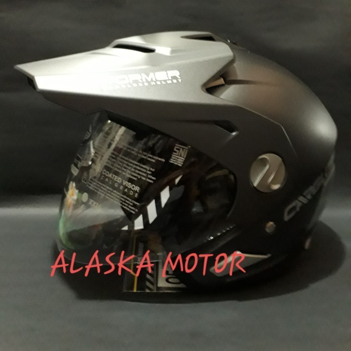 promo HELM CARGLOSS FORMER SOLID BLACK DOF GOLD HELM SEMI CROSS