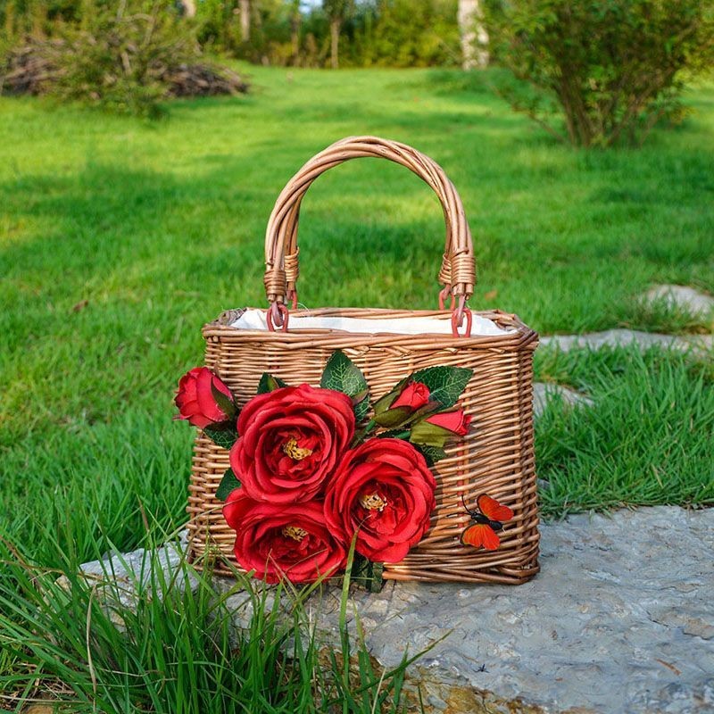 Tas Anyaman Rotan Rajut, Tas Jerami Bunga Buatan Tangan untuk Wanita