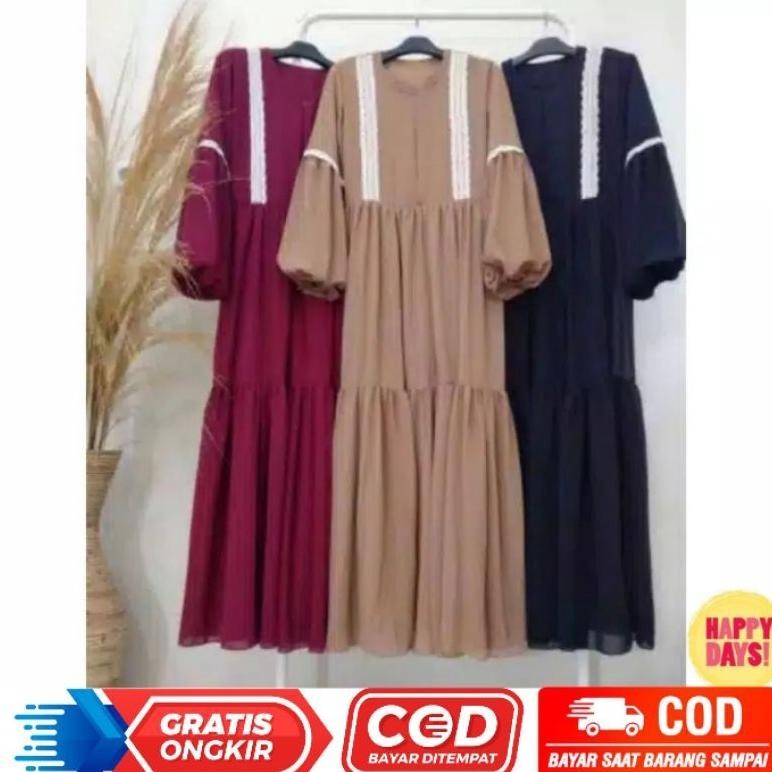 Flase Sale Salsa Dress / Gamis Ceruty Babydoll Terbaru Full Puring Aplikasi Renda / Fashion Wanita M