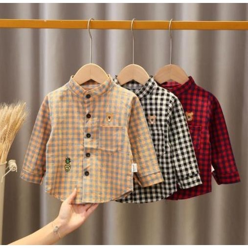 Trend Kemeja Anak Laki Laki Import Kerah Koko / Kemeja Koko Anak Kotak-Kotak Pengiriman Cepat