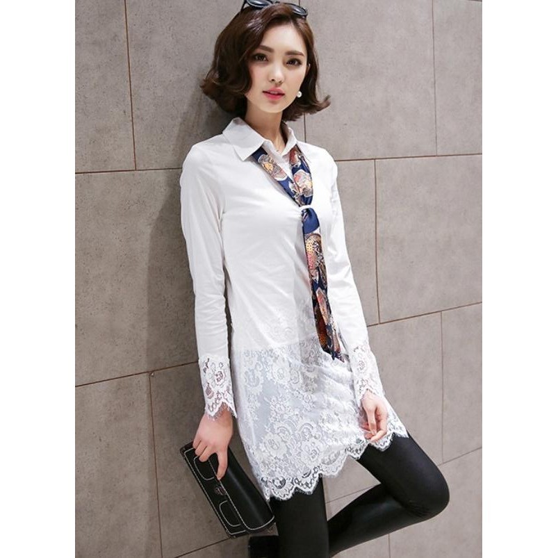 Long Blouse Dress Kemeja Putih Hitam Baju Wanita Korea Import w/ Scarf