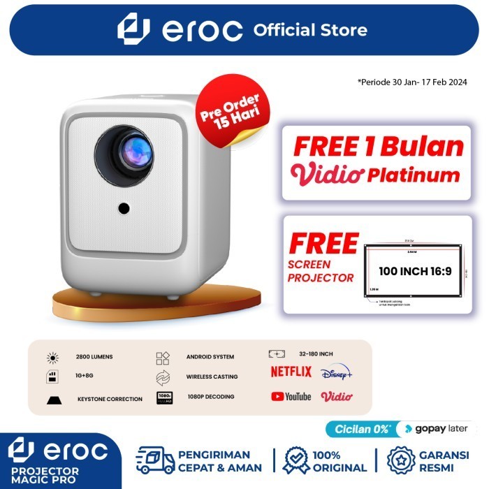 Eroc Smart Android Proyektor Magic Pro Hd Decoding 4K 2800 Lumens Termurah Terlaris Promo