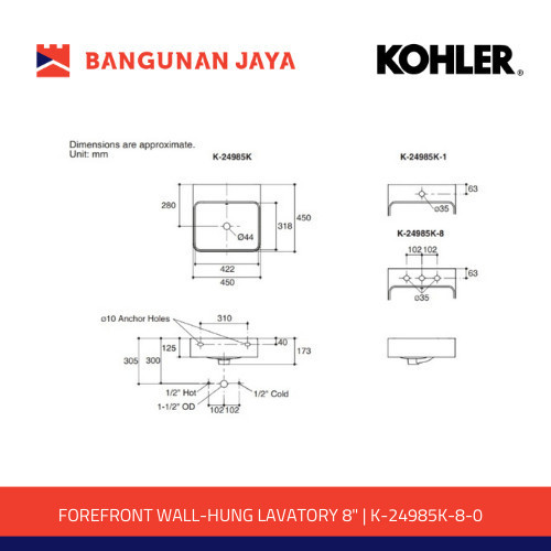 Kohler Forefront Wall-Hung Lavatory 8" K-24985K-8-0