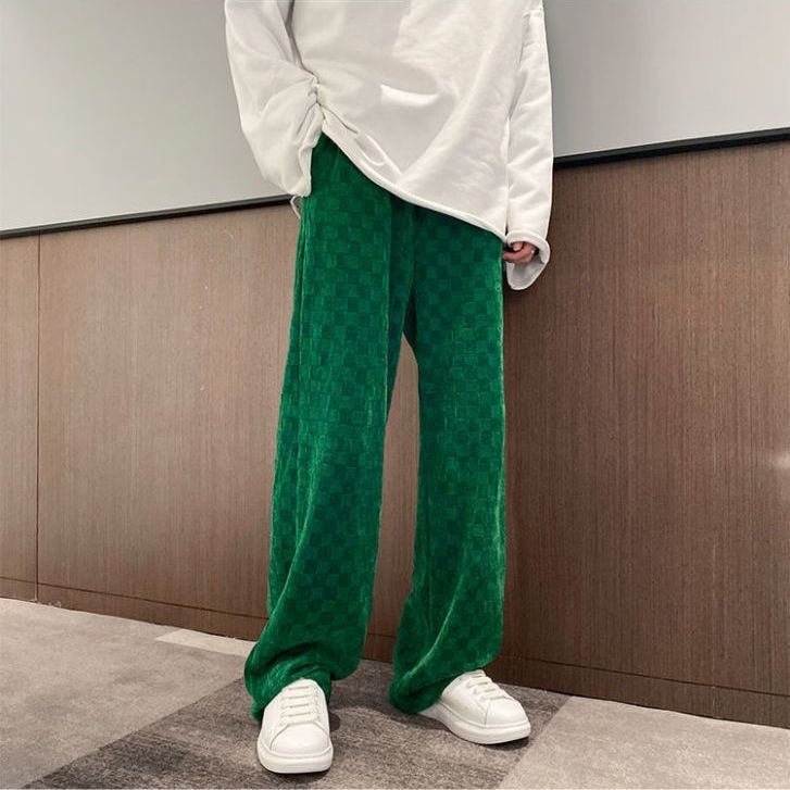 Celana Panjang Kaki Lebar Pria, Bawahan Chesboard Retro Longgar Lurus