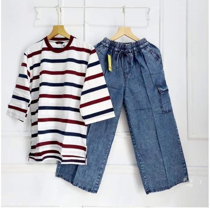 [BEST DEAL] KULOT JEANS CARGO SET KAOS SALUR // Set Kulot Jeans Kaos Wash Blouse Salur / Setcel