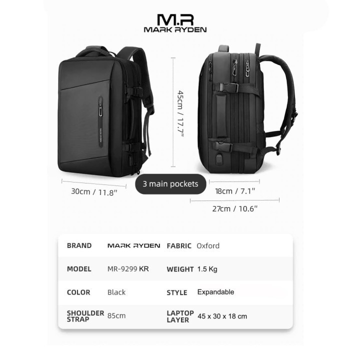 Mark Ryden Mr9299Kr Backpack Bag Usb - Tas Ransel Laptop 17" - Black