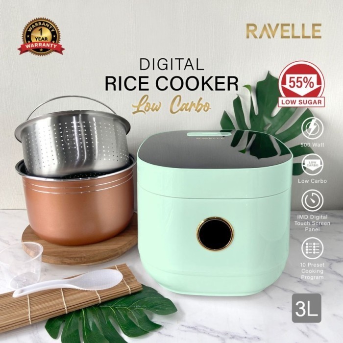 Ravelle Digital Rice Cooker Low Carbo 3L (1.2L Nasi) Rendah Gula