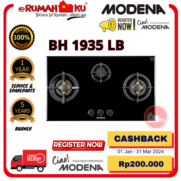 Built-In Hob Modena Bh 1935 Lb Kompor Tanam 3 Tungku