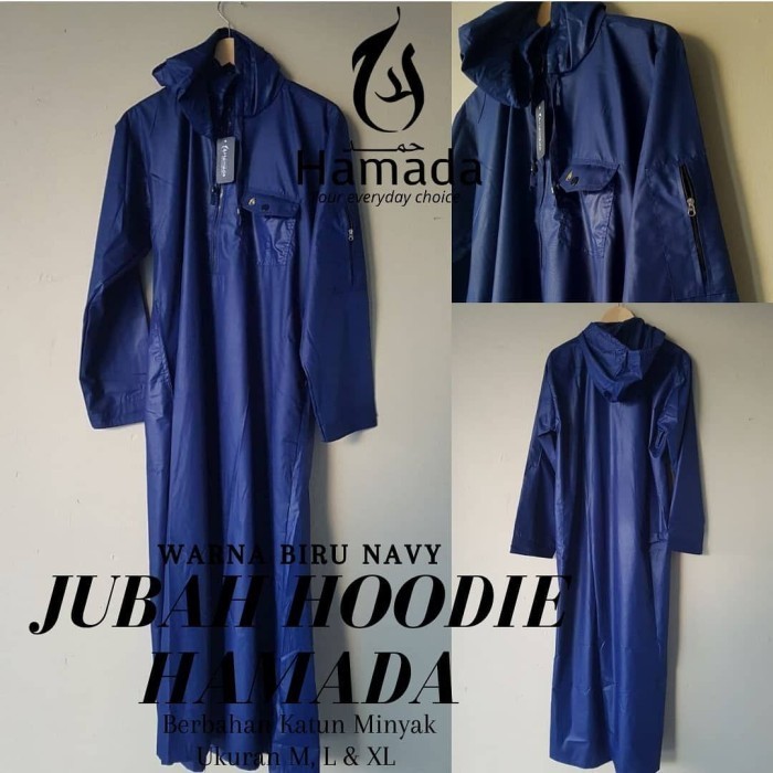 Jubah Pria Slimfit BAJU JUBAH GAMIS HOODIE TUDUNG PRIA DEWASA HAMADA MATT KATUN MINYAK - Navy, S Ter
