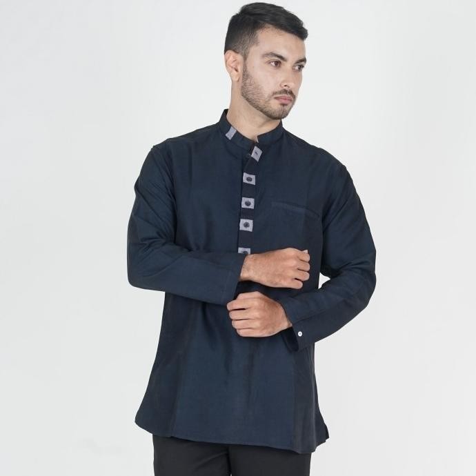 Baju Muslim/ Kemeja Koko Pakistan Navy Polos Lengan Panjang Pria M-Xxl