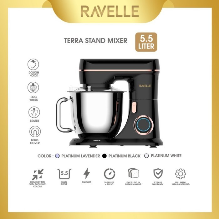 Ravelle Stand Mixer 5.5L Terra Electric Mixer - Platinum Black