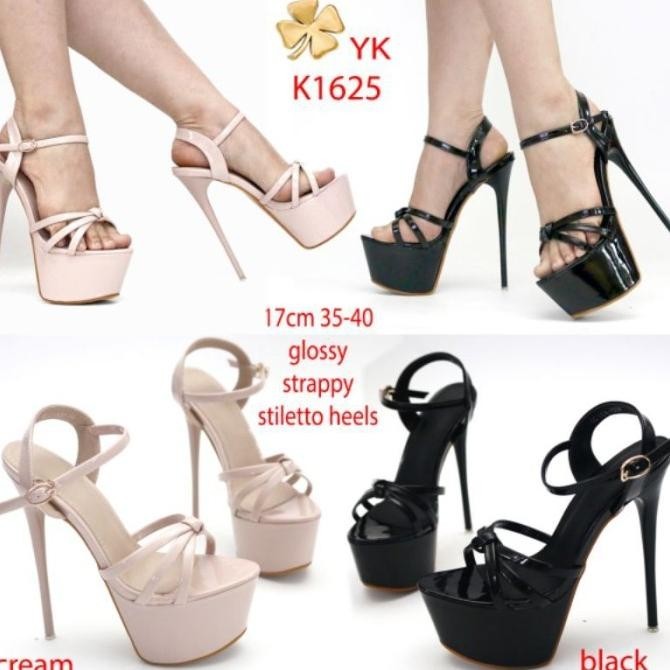 Ykshoes 1625 High Heels 17Cm Strappy Sepatu Hak Tali Black Cream Impor