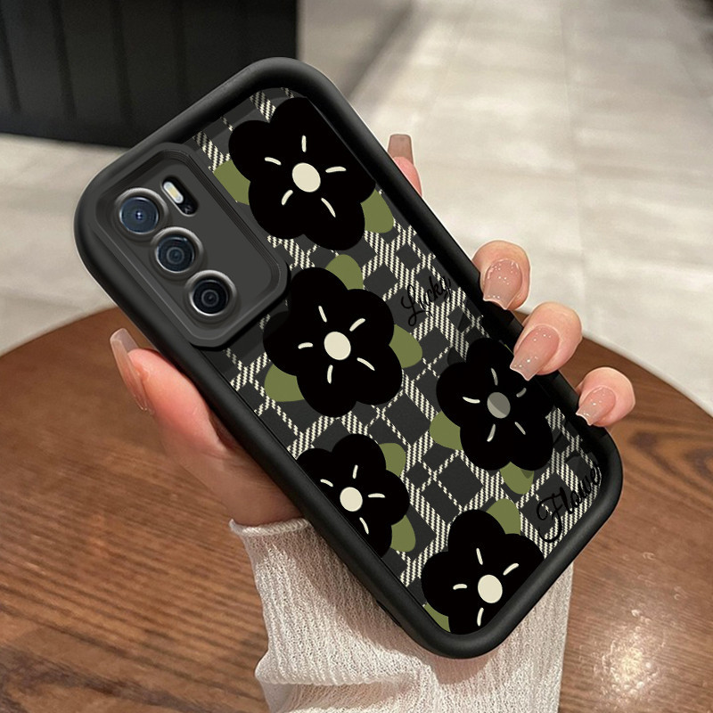 Casing Hp OPPO A16 OPPO A16s OPPO A54s Case lembut sarung HP pola bunga hitam Casing Softcase pelind