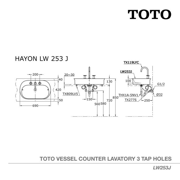 Toto Hayon Vessel Counter Lavatory 3 Tap Holes / Wastafel Lw253J