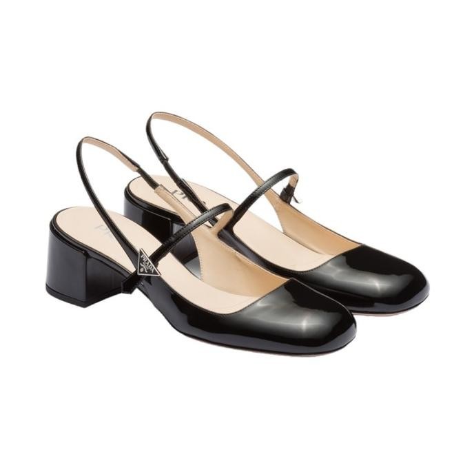 Prada Square Toe Slingback Heels Patent Leather Black